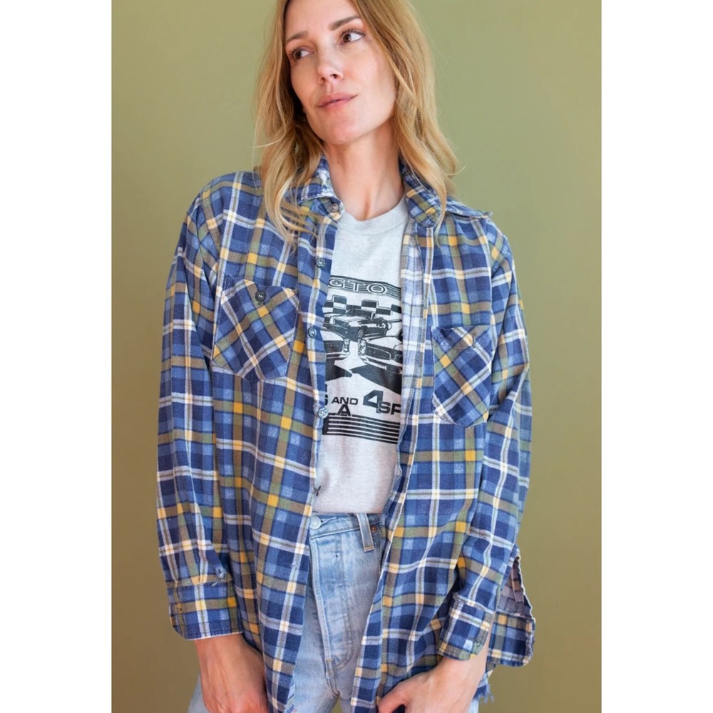 Pilcro and the Letterpress Blue Yellow Plaid Button Down Shirt Womens Large